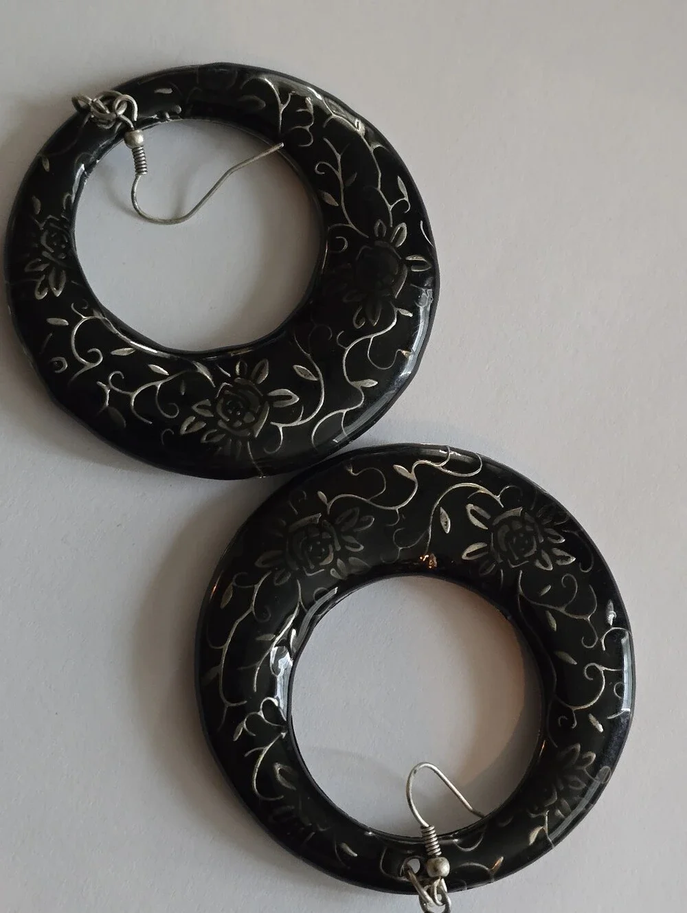 Big earrings dangle hoops circles floral hook earwires dadk grey black silver to